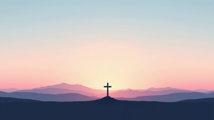 A serene Christian landscape with a sunset over mountains, featuring a silhouette of a church cross.