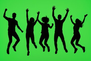 Fototapeta premium Jumping silhouettes of people at music festival, bodies moving in sync, isolated on green screen