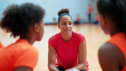 Female basketball coach instructing team, clipboard in hand, explaining strategic plays during training session