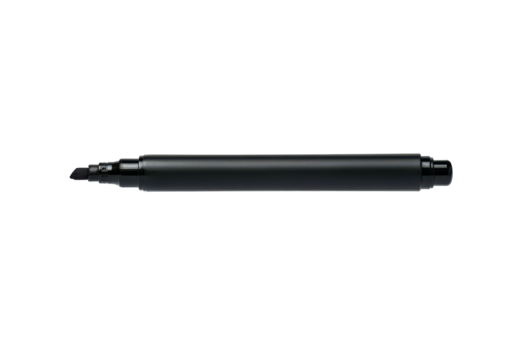 A black permanent marker floating horizontally in mid-air against a solid white background
