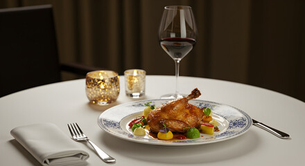 Elegant Gourmet Chicken Dish Served with Fine Wine and Soft Lighting