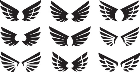 Obraz premium Vector Wing Icons in Various Symmetrical Styles Featuring Stylized Feathers and Shapes for Logos, Emblems