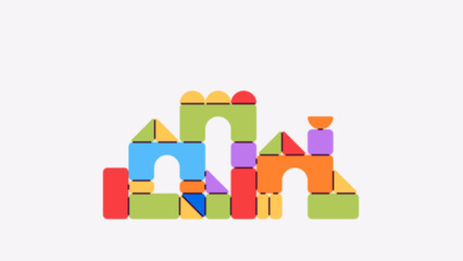Toy wooden cubes. Building blocks for kids. Children's educational game. Jigsaw puzzle game. House, building, tower, castle construction. Vector illustration. Bright colors. Flat style design.