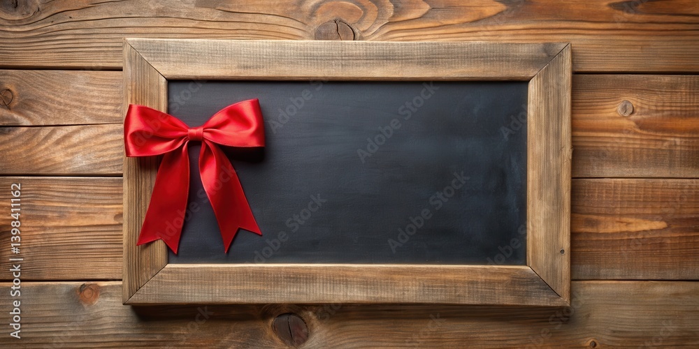 Poster rustic wooden frame with blank blackboard and festive red bow