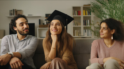 Middle eastern parents smiling, listening intently to daughter delivering passionate graduation speech, expressing pride and joy in family living room