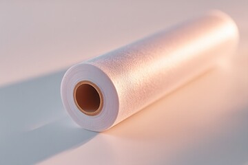 single vintage roll of film lying on plain white surface