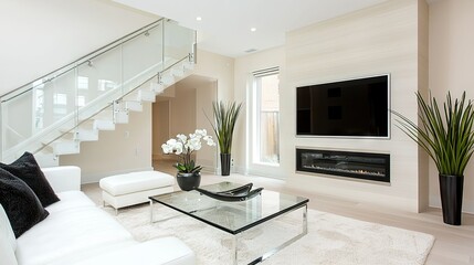 Fototapeta premium Modern living room interior features television and staircase design