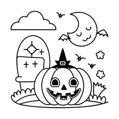 Cute Halloween Scene with Pumpkin and Witch Hat Line Art