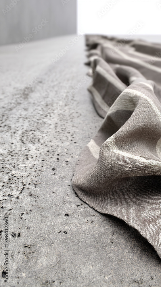 Poster Grey fabric with subtle stripes drapes over a textured surface, showcasing its soft texture and folds, ideal for background or textile design