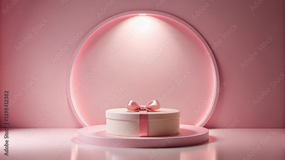 Aufkleber a pink cylindrical gift box with a delicate bow on a circular pedestal in a softly lit studio settin