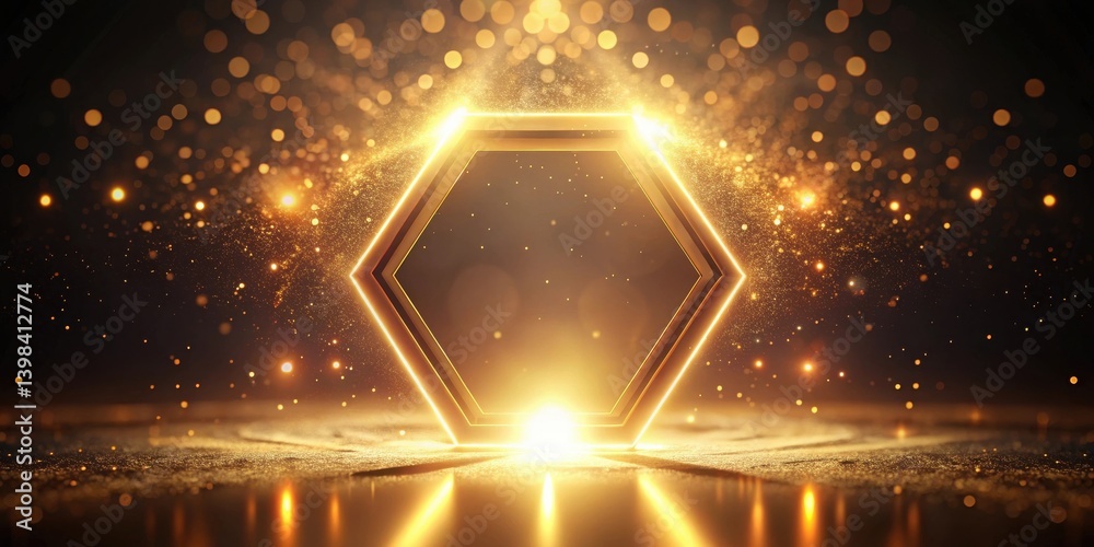 Poster Illuminated Hexagonal Frame with Golden Glittering Particles on Dark Background