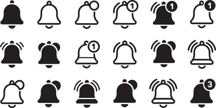 Set of Notification Bell Icons for Alerts, Sound, and Communication Design Elements
