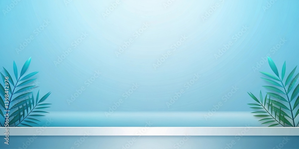 Aufkleber serene blue background with empty shelf and tropical foliage for product display