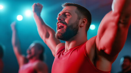 Personal trainer motivating fitness enthusiasts during high intensity training, displaying commitment and energy in modern gym environment