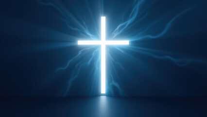 A cross shining with light against a dark background with a halo effect.