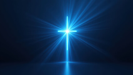 Fototapeta premium Illuminated cross with a blue halo on a dark background.
