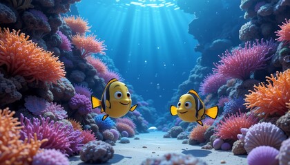 Two Yellow Fish Swimming Among Colorful Coral Reef Undersea