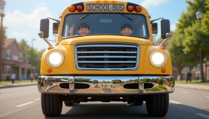Yellow School Bus Driving with Kids Waving on City Street
