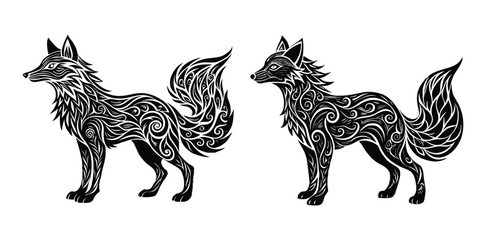 A howling wolf in silhouette form, filled with galaxy and mountain motifs, blending tribal and nature elements