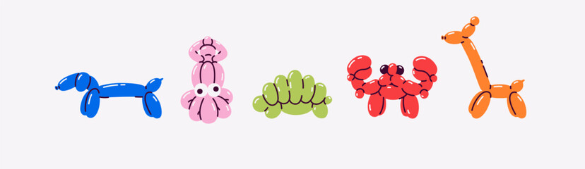 Balloon animals set. Balloon twisting. Inflatable dog, dachshund, squid, turtle, crab, giraffe. Toys for children, kids birthday party decoration. Clown trick. Vector illustration. Flat style.