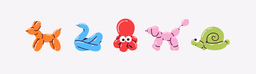 Balloon animals set. Balloon twisting. Inflatable dog, swan, octopus, poodle, snail. Toys for children, kids birthday party decoration. Clown trick. Vector illustration. Bright colors. Flat style.