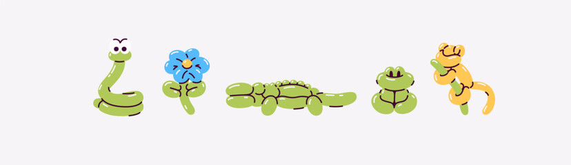Balloon animals set. Balloon twisting. Inflatable snake, flower, crocodile, frog, monkey. Toys for children, kids birthday party decoration. Clown trick. Vector illustration. Flat style. © Ihor