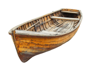 Weathered wooden fishing boat dockside location object environment view. Isolated on transparent background, png.