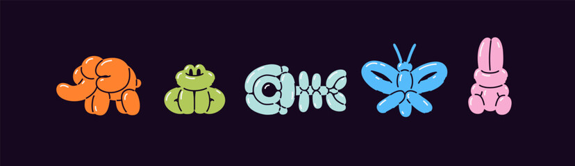 Balloon animals set. Balloon twisting. Inflatable elephant, frog, fish, butterfly, rabbit, bunny. Toys for children, kids birthday party decoration. Clown trick. Vector illustration. Flat style.