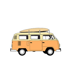 This illustration features a retro-style classic van in orange and cream, radiating a spirit of adventure. A surfboard is strapped on top, as if ready to take its rider on a journey 