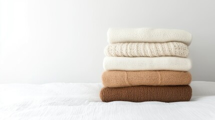 A stack of folded sweaters rests upon a white textured surface