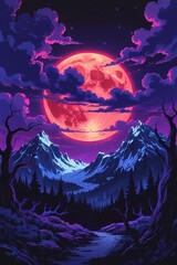 The fantasy night landscape, adorned with a red moon, indigo, purple hues, snow-capped mountains, and a mysterious forest, evokes a sense of wonder and mystique.