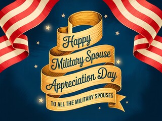 A heartfelt Happy Military Spouse Appreciation Day message elegantly displayed on a golden ribbon flanked by American flags, with a rich navy blue background and sparkling stars.