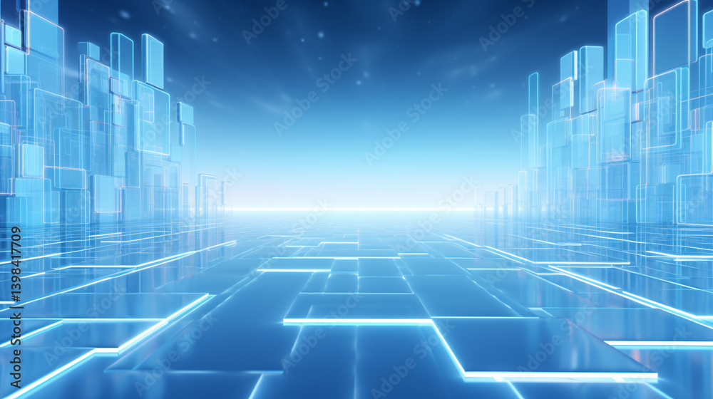 Poster high-tech light blue background with glowing neon swirls, perfect for professional digital presentat