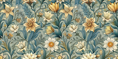 Intricate floral pattern with soft hues and elegant blooms