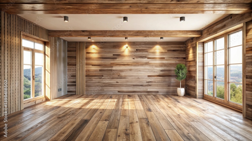 Poster sunlit empty room with wooden walls and floors, large windows offering scenic views