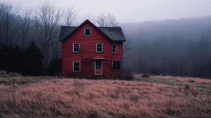 Fototapeta premium An Abandoned Red House Standing In A Foggy Autumn Landscape