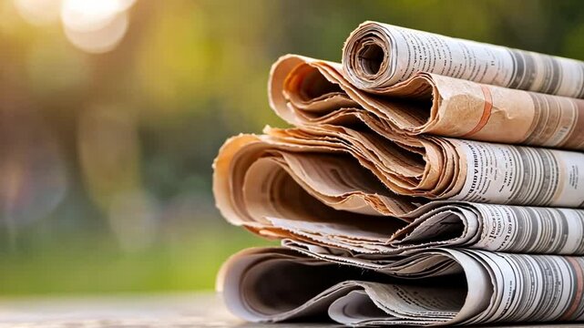 Stacked newspapers resting on a surface, illuminated by warm sunlight in a serene outdoor setting