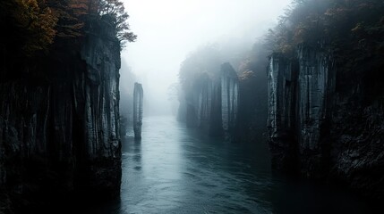 Fototapeta premium Dramatic view of a foggy river canyon with vertical rock formations