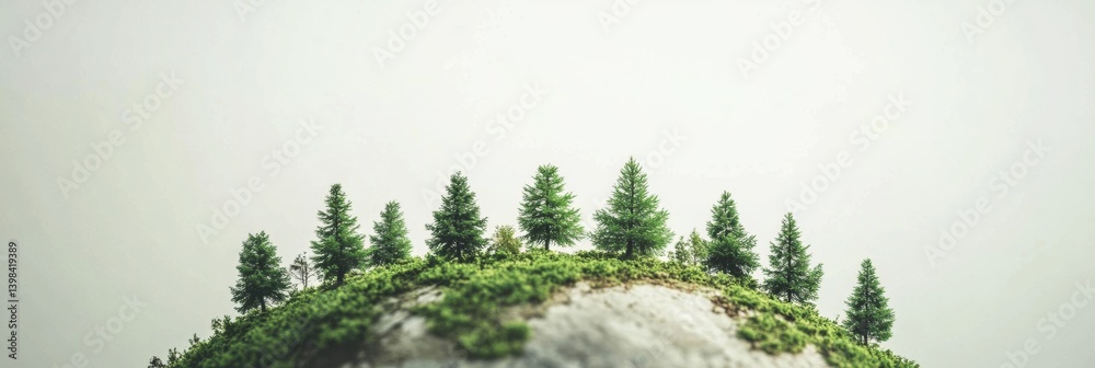 Poster minimal earth outline surrounded by miniature trees on clean design showcasing natures beauty and si