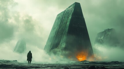 Mystical figure approaches towering monoliths shrouded in mist and glow.