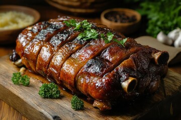 Roasted meat, sliced and glazed, rests on a wooden board, garnished with parsley. A blurred background shows additional food items.
