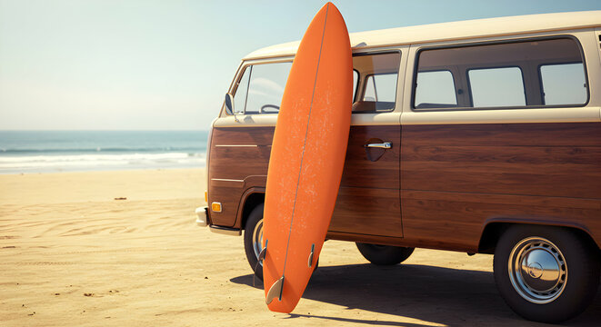 Retro Camper Van On Beach With Surfboard