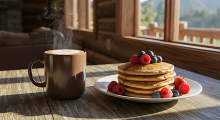 Rustic Mountain Cabin Breakfast Featuring Hot Chocolate Pancakes And Fresh Berries