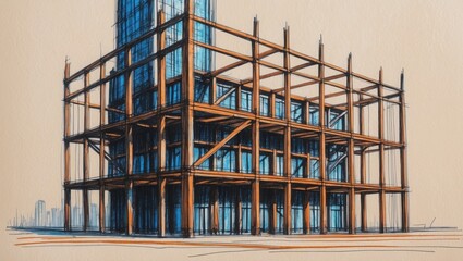 Fototapeta premium Building under construction sketch. Wooden frame structure with blue glass panels. Tall building is rising. City skyline shown in background.