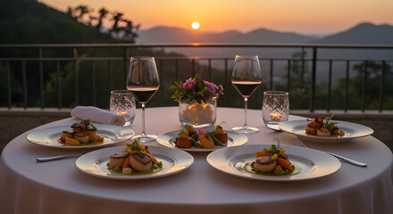 Fototapeta premium Romantic Gourmet Dining Experience Outdoors With Sunset View