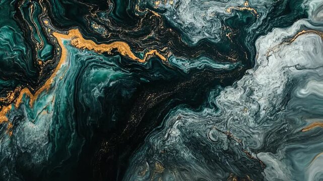 Abstract swirling patterns of teal, black, and gold resembling a cosmic landscape