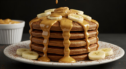 Stack Of Delicious Pancakes Topped With Peanut Butter And Bananas