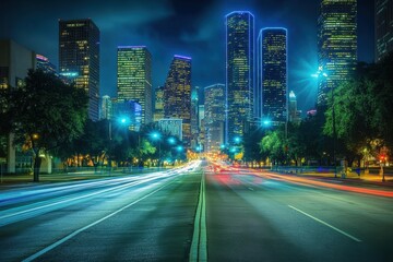 Obraz premium Night view of the city, tall buildings in the city appear on both sides of an empty street with white lines and traffic lights, blue light trails, blue sky, long exposure photography Generative AI