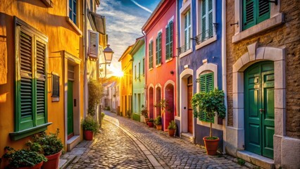 Fototapeta premium Golden Hour Illumination on a Picturesque Street with Vibrant Buildings and Charming Details