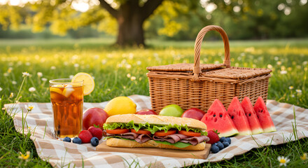 Charming Rustic Picnic Scene with Gourmet Food and Summer Refreshments
